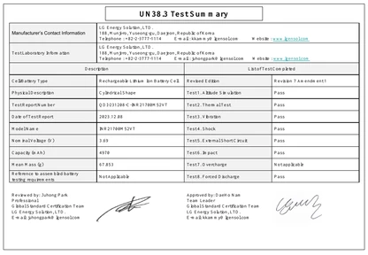 UN 38.3 Test Summary document for INR21700M52VT · 2023-12-08
