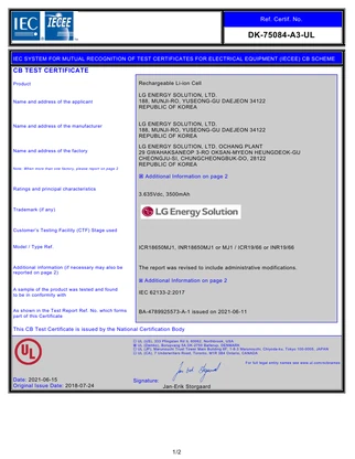 IEC 62133-2 / CB document for ICR18650MJ1 / INR18650MJ1 · 2021-06-15
