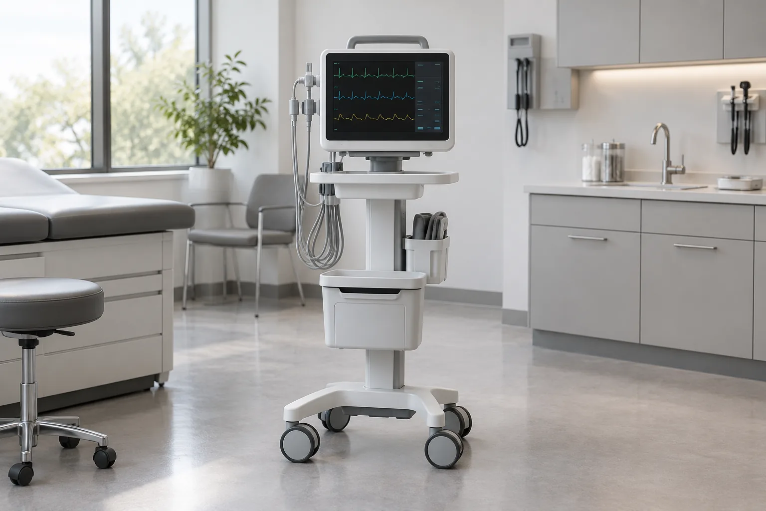 Illustrative portable medical monitoring equipment in a clinical room