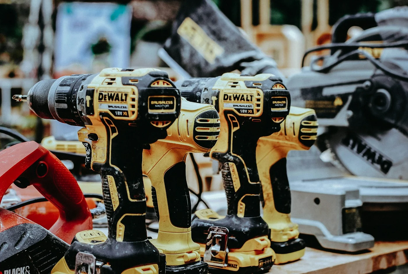 Cordless drills on a workshop bench